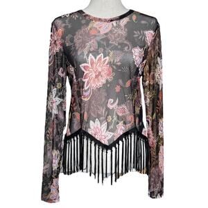 NWT - Nouvida Black Sheer Floral Print Mesh Top Fringe Hem, Women’s Large